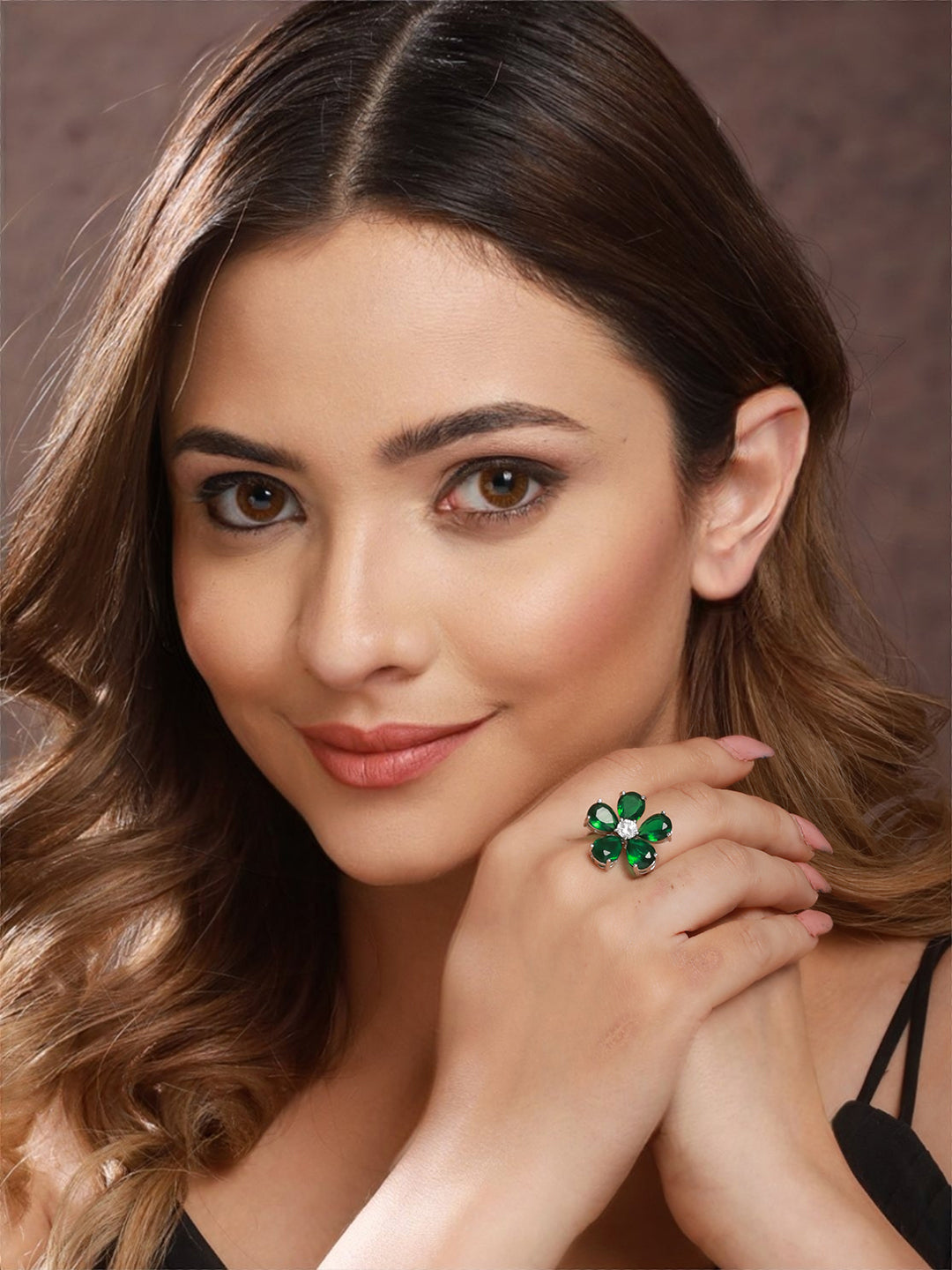 Silver Plated Green Emerald Zircon Minimal Floral Ring